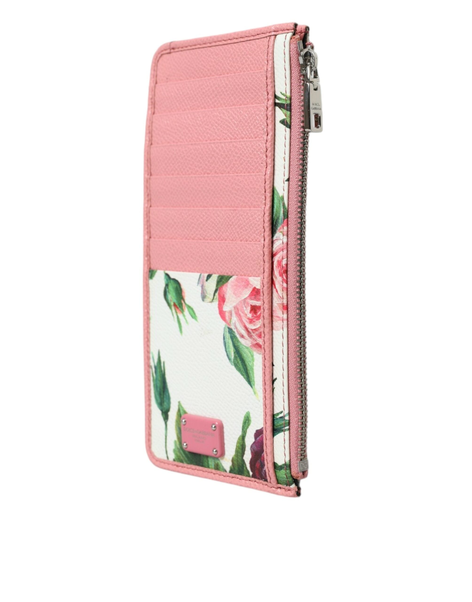 Dolce & Gabbana Pink Floral Leather DG Logo Zip Card Holder Women Wallet